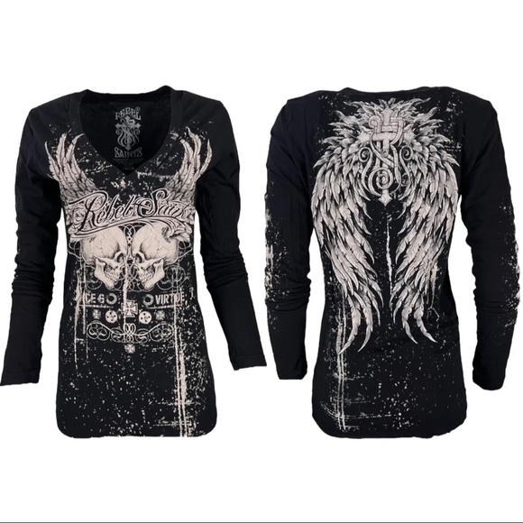 T-shirt Donna Rebel Saint By Affliction Garage Tatuaggio Biker - Foto 2